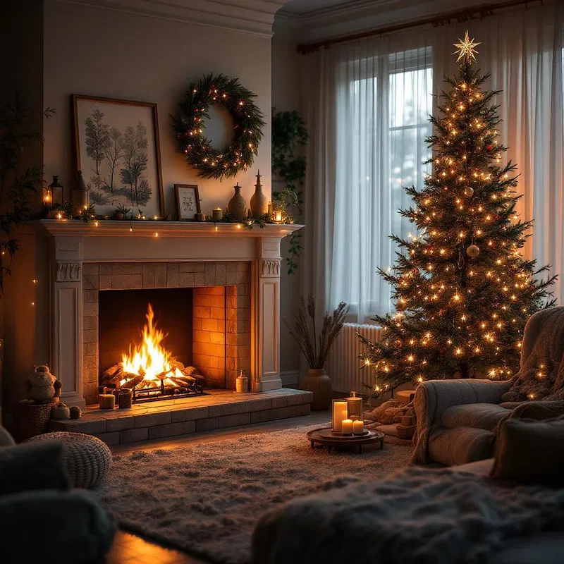 Cozy Christmas night by the fireplace