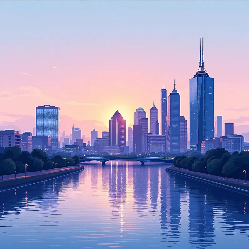 City skyline along a riverside at dusk.