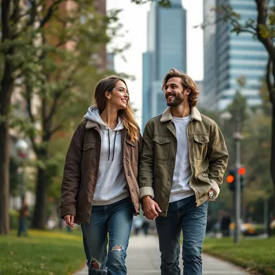 Candid street fashion image of a couple in matching outfits walking through a city park