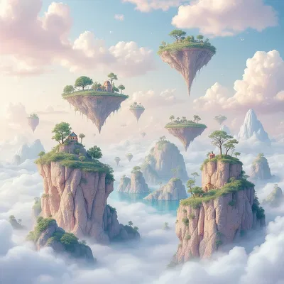 A surreal landscape with floating islands