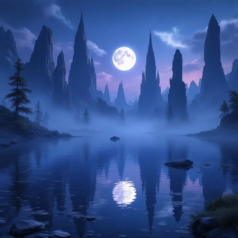 Moonlit lake surrounded by tall mystical spires.