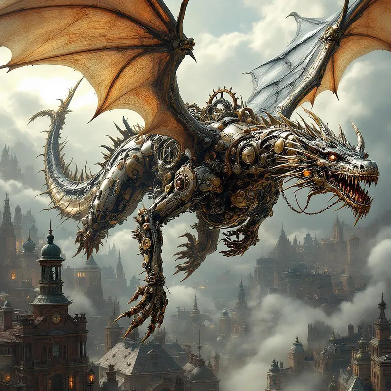 Steampunk mechanical dragon in flight