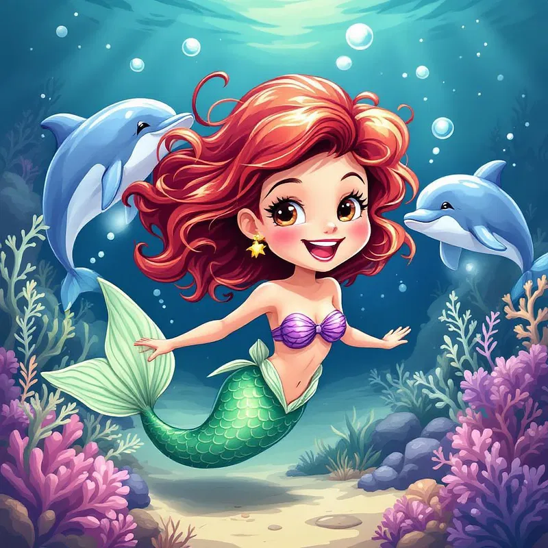 Cartoon mermaid swimming with dolphins.