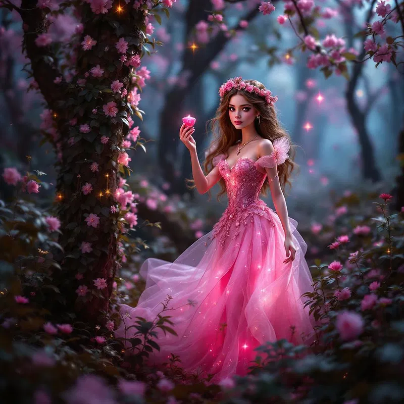 Pink doll in fairy tale forest