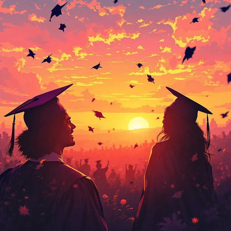 AI-generated graduation ceremony under a sunset.