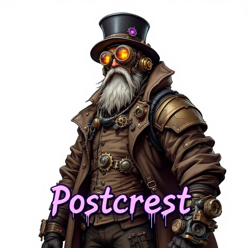 AI-generated steampunk character with Postcrest logo