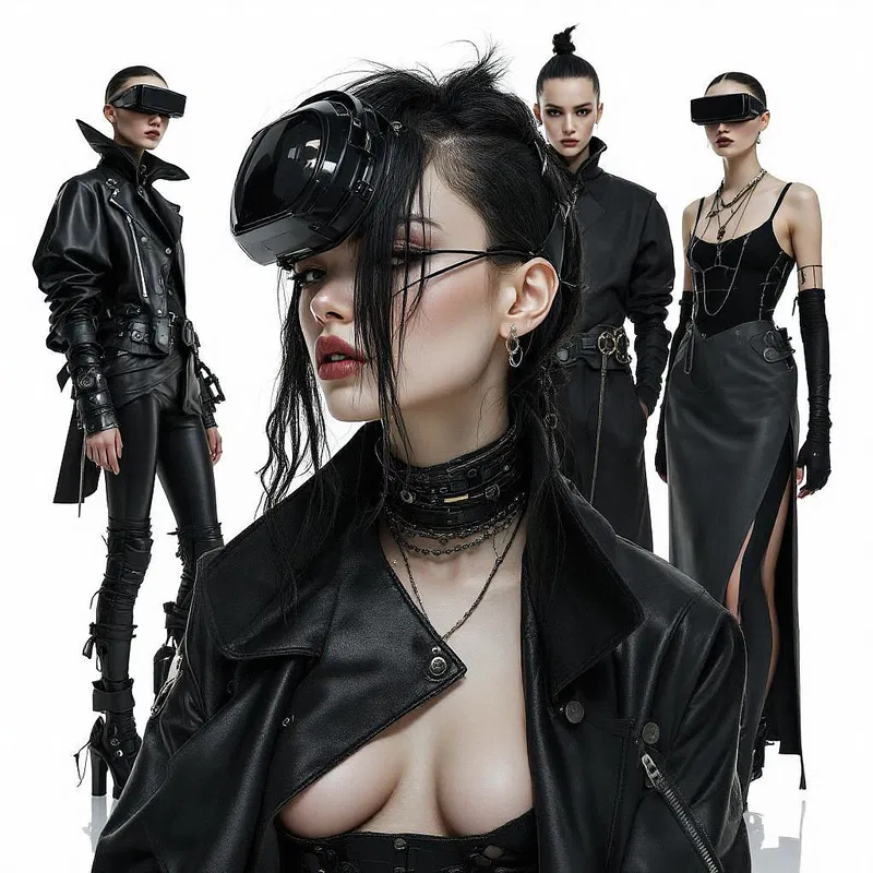 Elegant yet edgy cyberpunk fashion spread for a magazine.