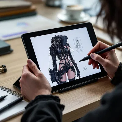 Fashion designer sketching a cyberpunk outfit on a tablet.