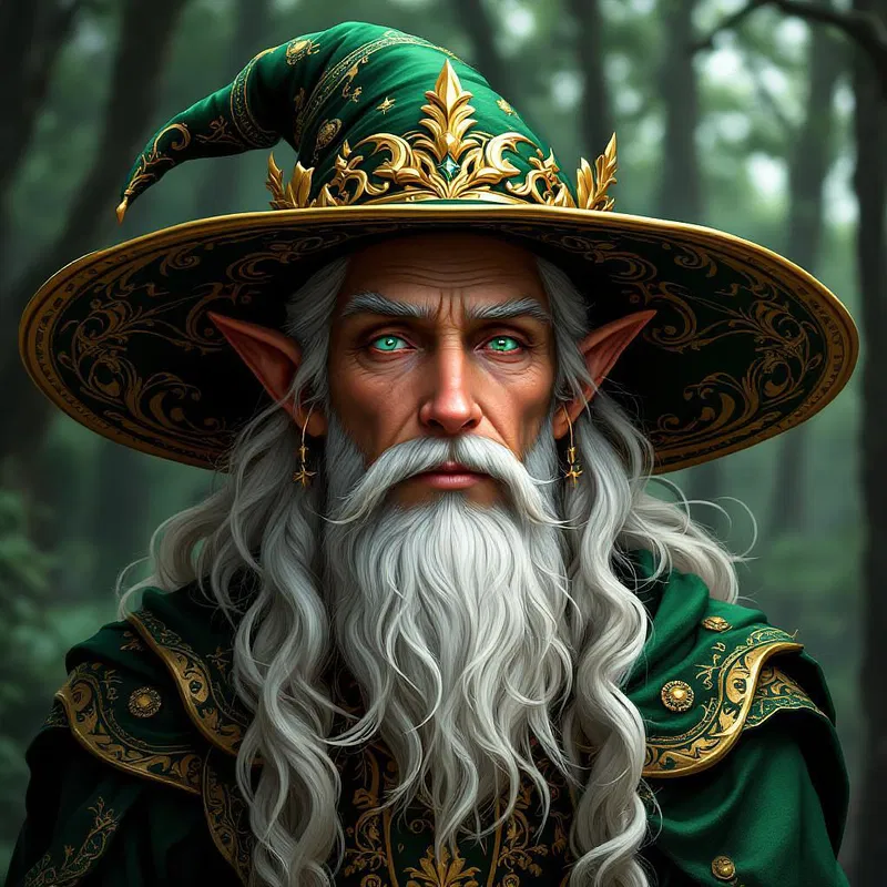 Elven wizard with a crowned hat