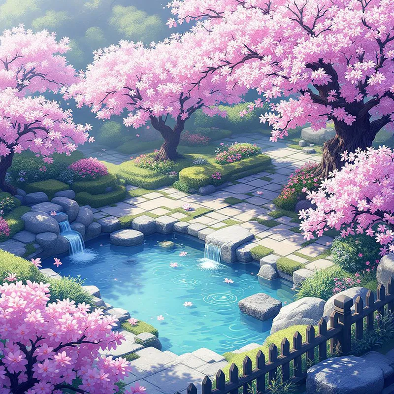 Zen garden with cherry blossoms