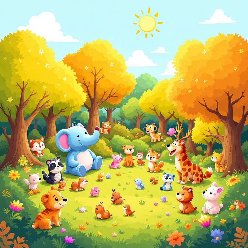 AI-generated cartoon forest with animals.