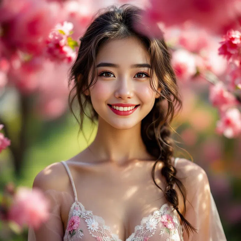 AI-generated portrait of a smiling young woman in a natural setting.