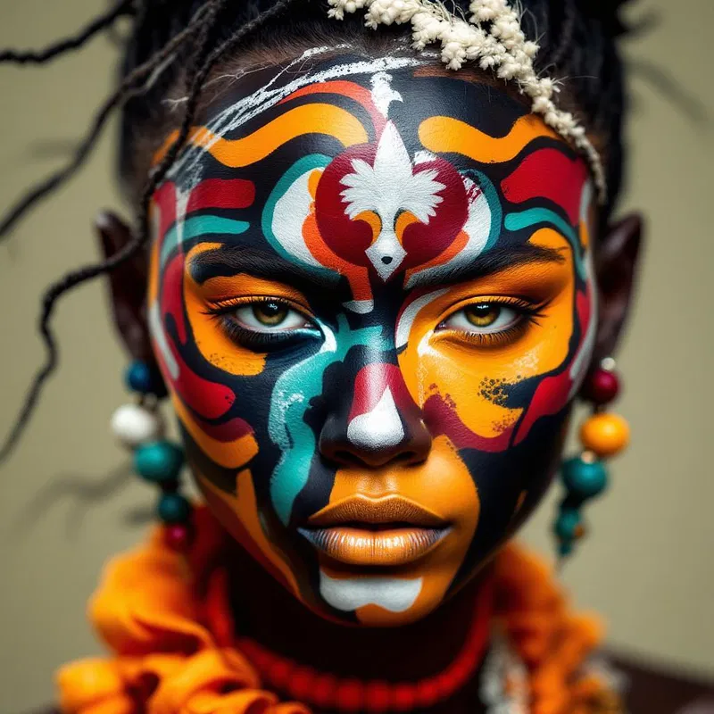 Dynamic tribal face paint example featuring bold contrasts