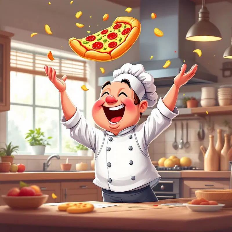 Cartoon chef tossing a pizza in the air.