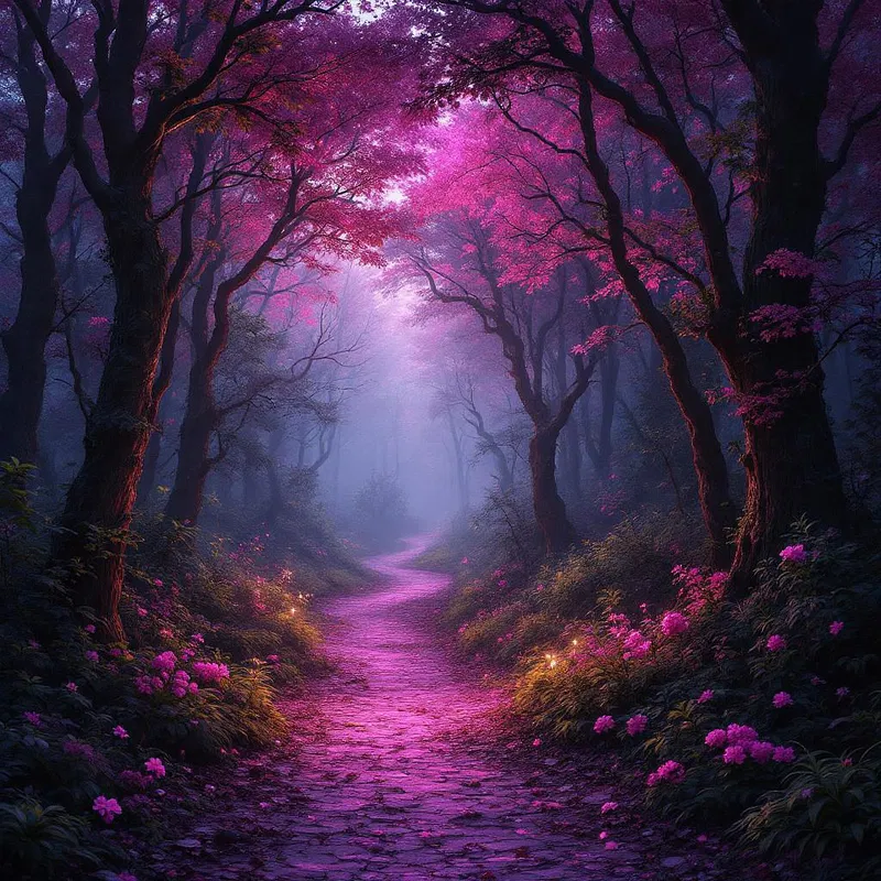 Mystical pink fever forest path at twilight.