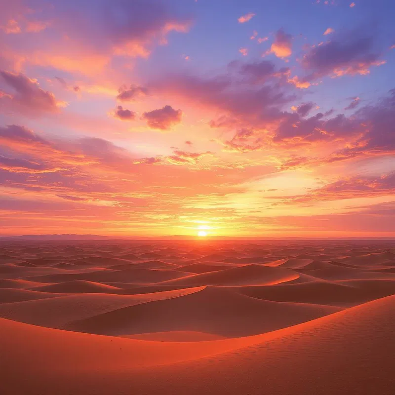 An expansive desert under a vibrant sunset