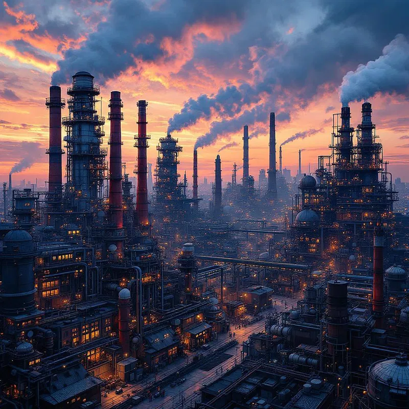 Industrial steampunk landscape with factories