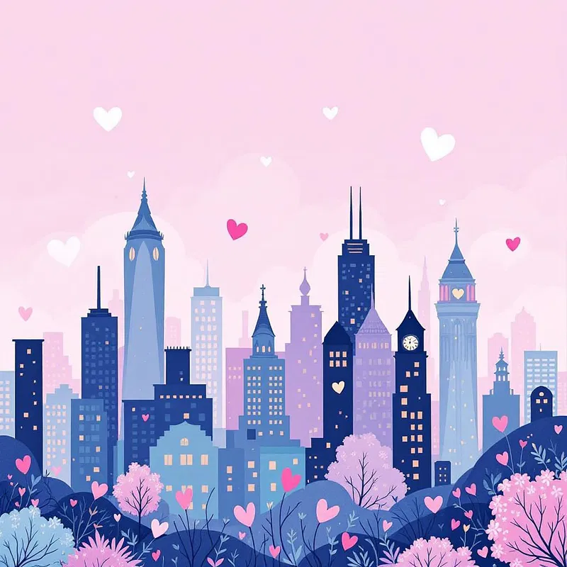 Romantic comedy book cover with a city skyline and hearts