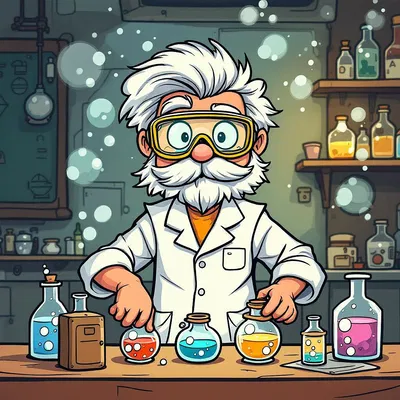 Cartoon scientist in a lab with bubbling potions.