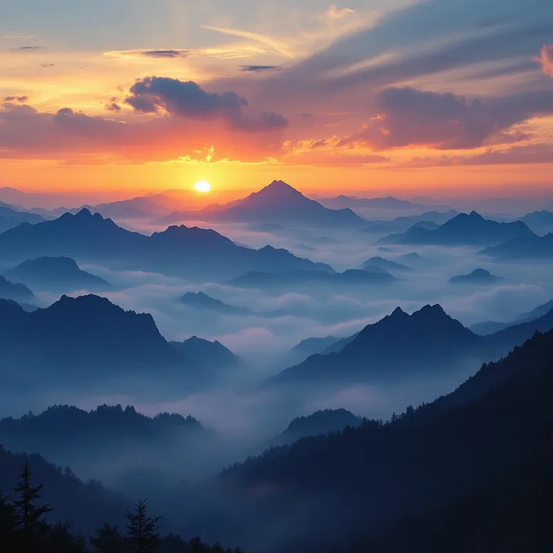 A vivid sunrise over misty mountains