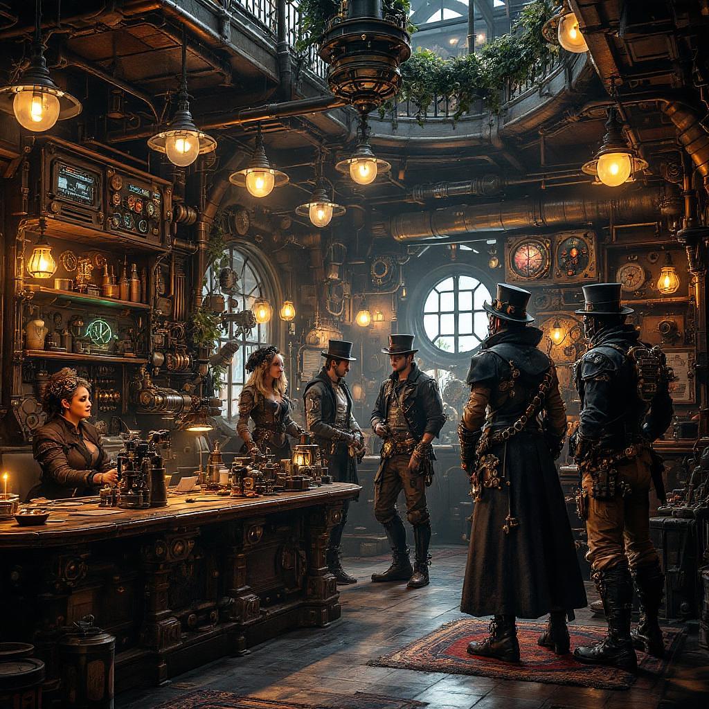 Steampunk cosplay scene with AI detail