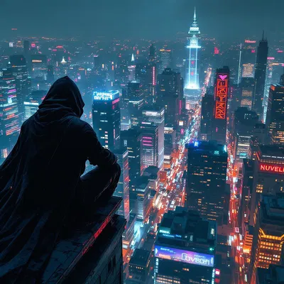 Cyberpunk vigilante overlooking cityscape