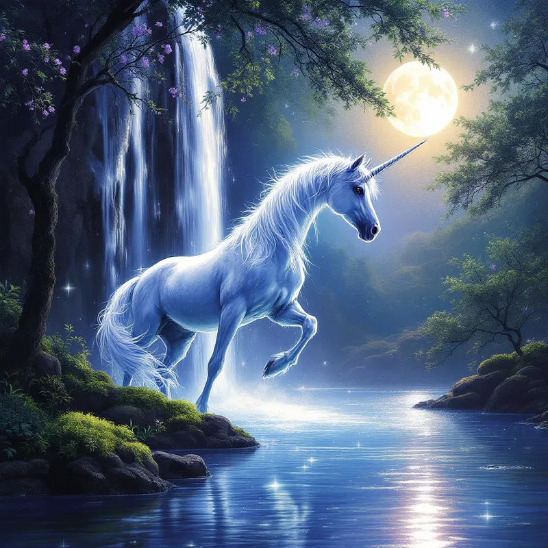 Illustration of a unicorn under a shimmering waterfall with moonlight reflections.