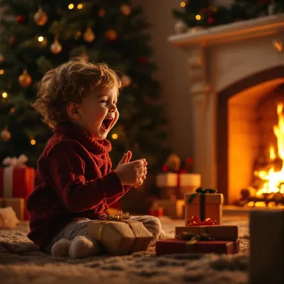 Child opening Christmas gifts by fireplace