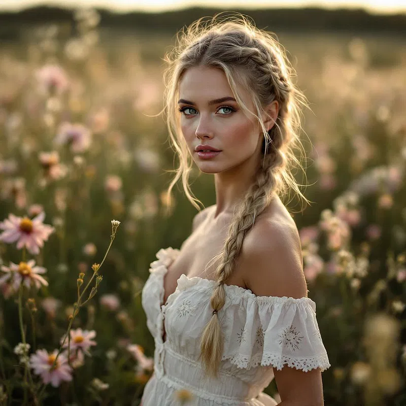 AI-generated Scandinavian woman in a meadow