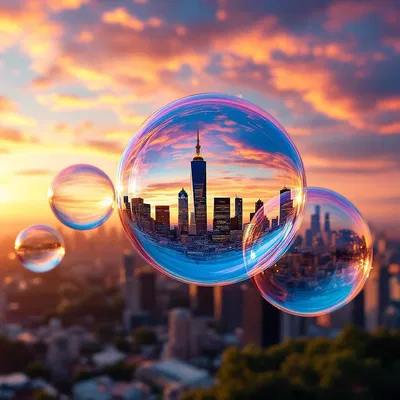 Bubbles with city skyline reflection