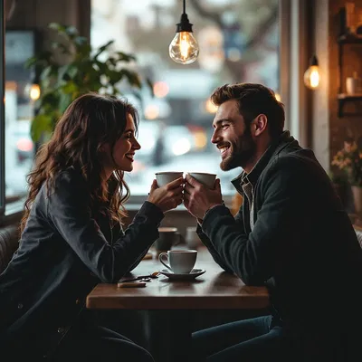 Dynamic AI image of a couple sharing a moment in a café