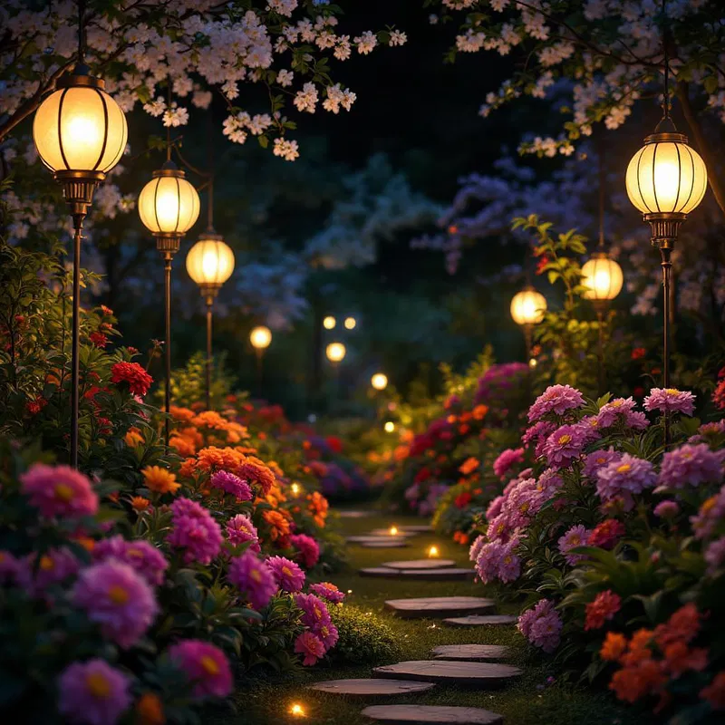 AI-generated image of a serene garden at night