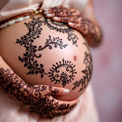 Artistic close-up of a baby bump with henna designs