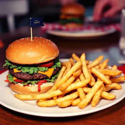 Plate of classic 1950s diner food, burger and fries