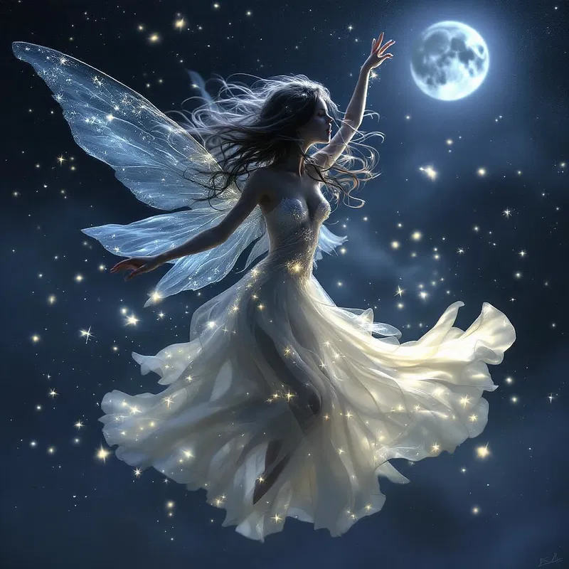 An enchanting sylph dancing in moonlight.