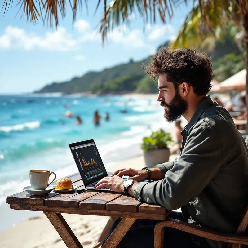 Remote worker at a beachfront cafe