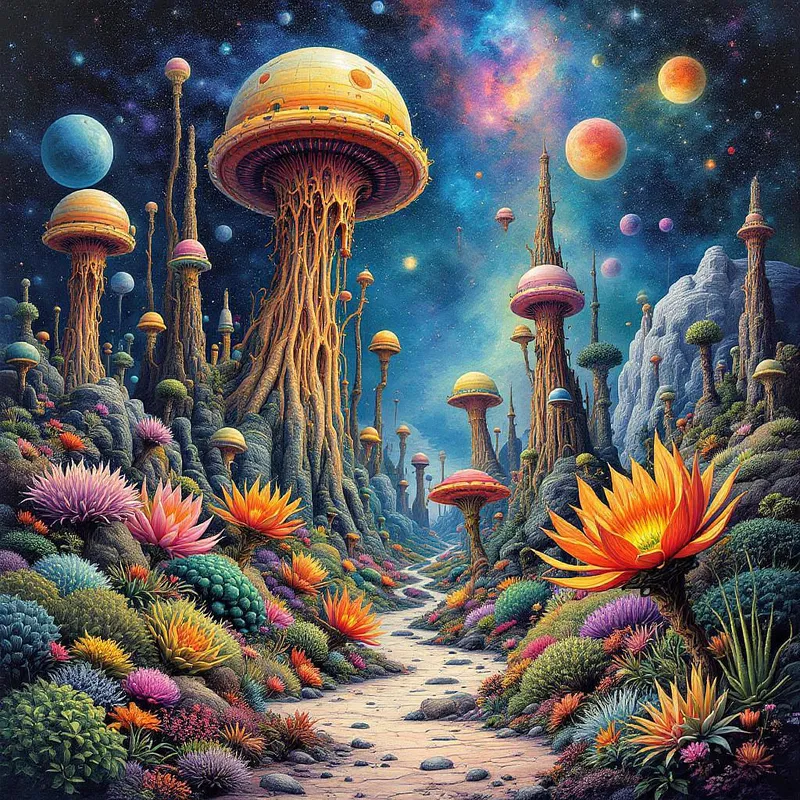 Bizarre cosmic landscape with alien flora