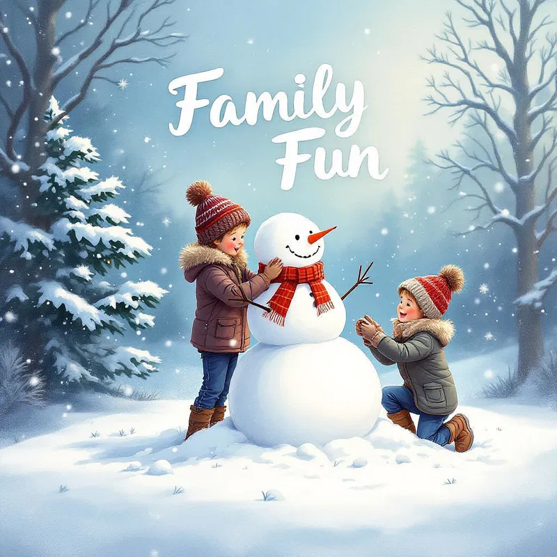 Family-friendly Christmas card with snowman building.