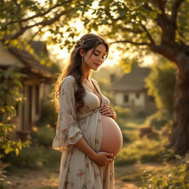 Mother-to-be in rustic scenery