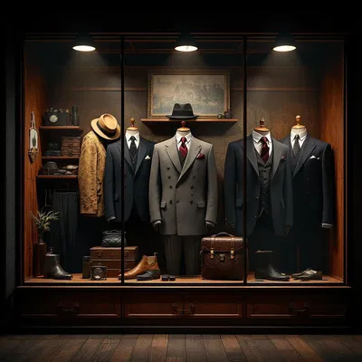 Mafia outfit showcase in a vintage boutique