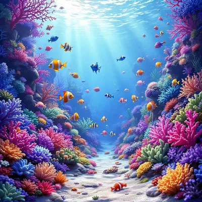 Fantasy underwater kingdom with colorful corals.