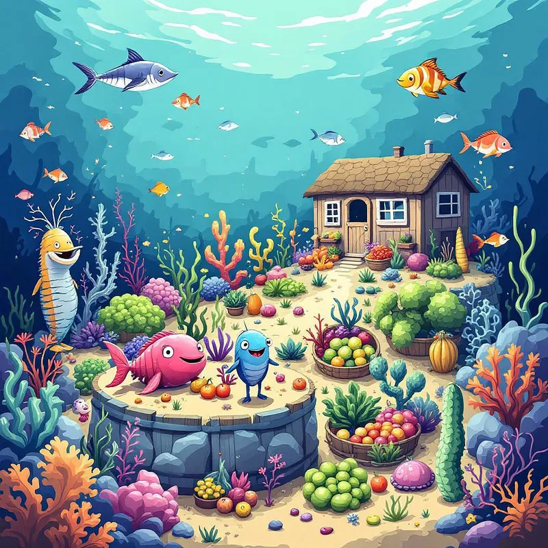 Imaginative underwater farm scene with marine produce