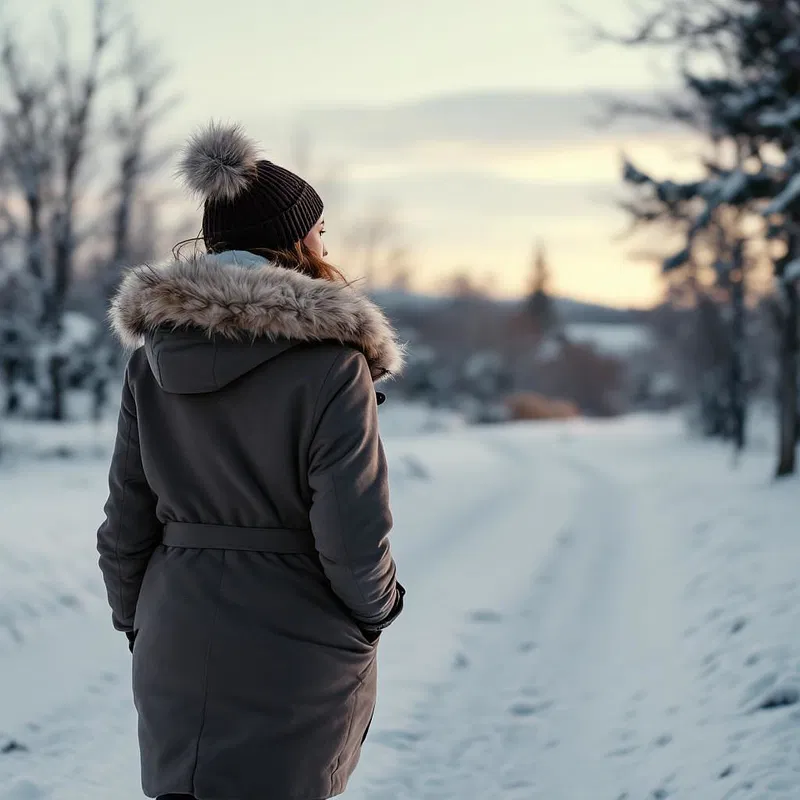 Scandinavian woman strolling along a snowy path