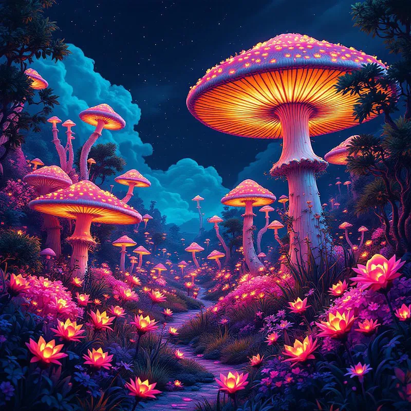 Surreal landscape with giant mushrooms and glowing flora.