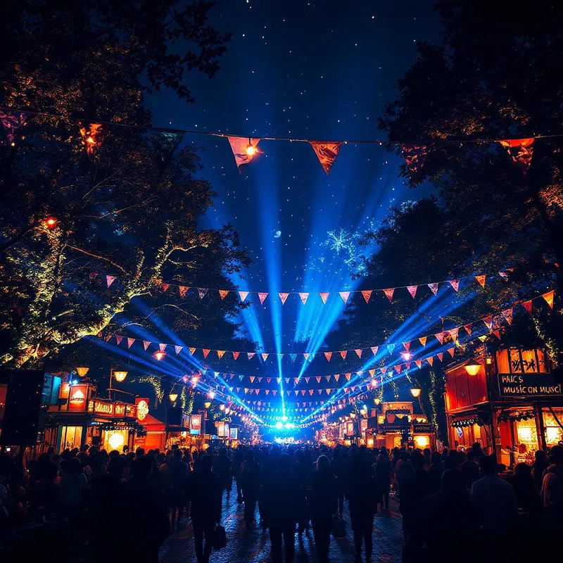 Decorative festival flags and lights at night