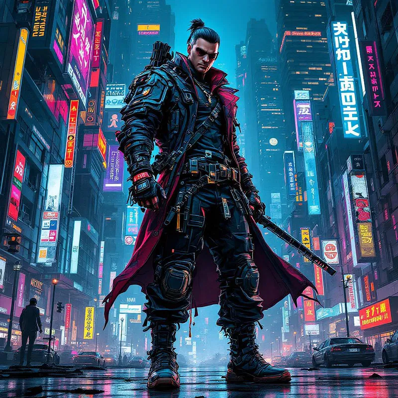 Cyberpunk urban warrior in a neon city