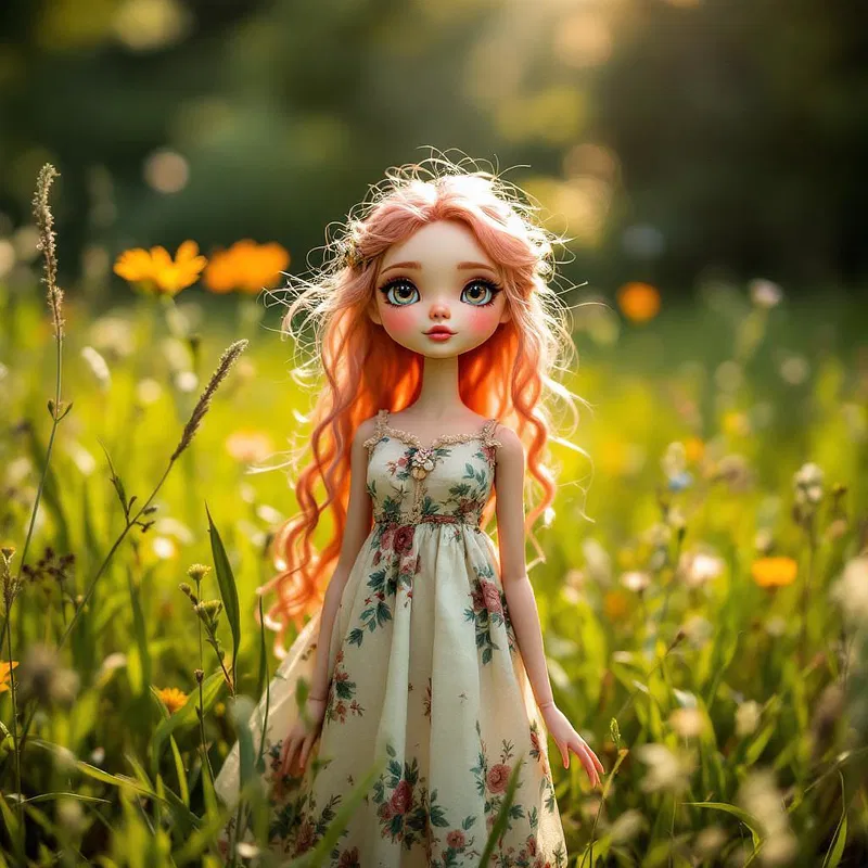 Bohemian pink doll in a meadow