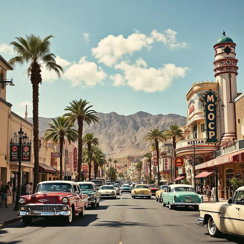 Las Vegas street scene with vintage cars