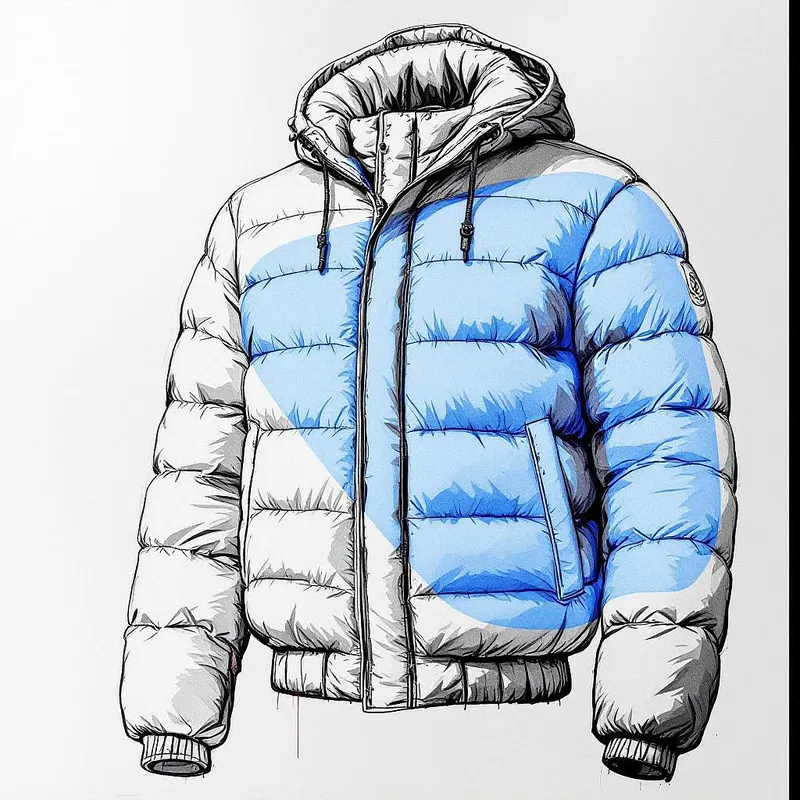 Detailed sketch of a puffer jacket with AI enhancements