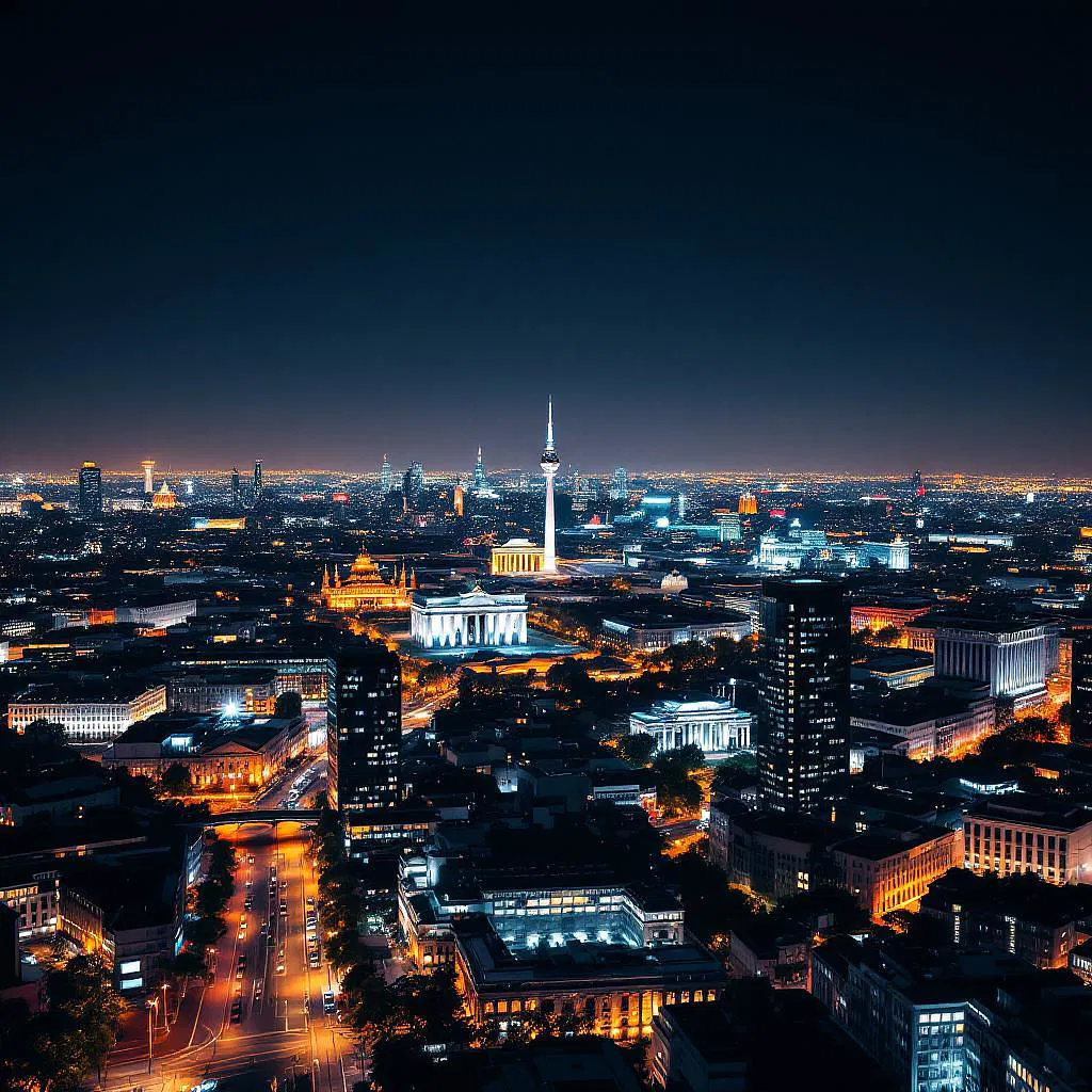 Scenic view of Berlin skyline at night captured with AI